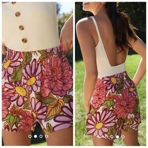 S/W/F Frida Floral Linen Pull On High Rise Shorts Pink Purple Multicolor XS
